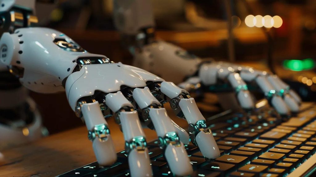 robot typing on a compture